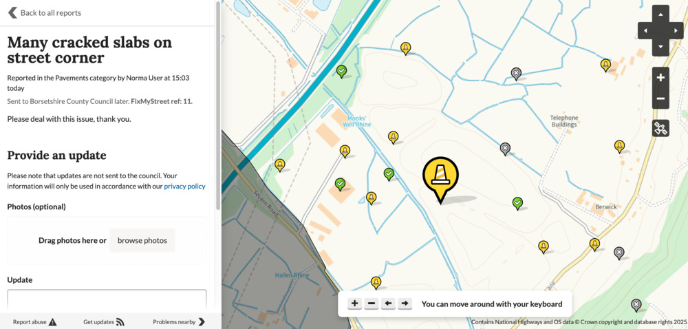Clicking on a report from the list or from the map will open it and display all available details